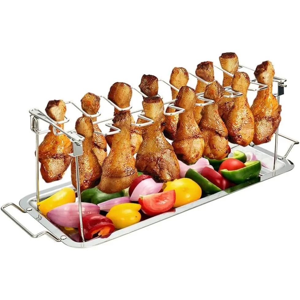 14-Slot Chicken Leg Rack for Grill & Wings - Premium Stainless Steel Foldable Roasting Rack with Detachable Drip Pan, Dishwasher-Safe BBQ Accessories for Oven, Grill, Camping, Parties