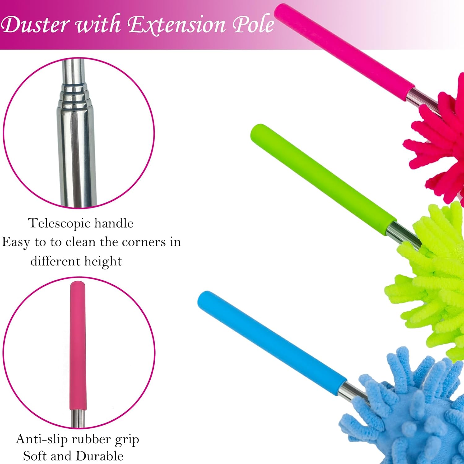 3 Pack Retractable Long-Reach Washable Duster for Cleaning, Microfiber Hand Duster Brush with Telescoping Pole for Cleaning , Window, Furniture, Office