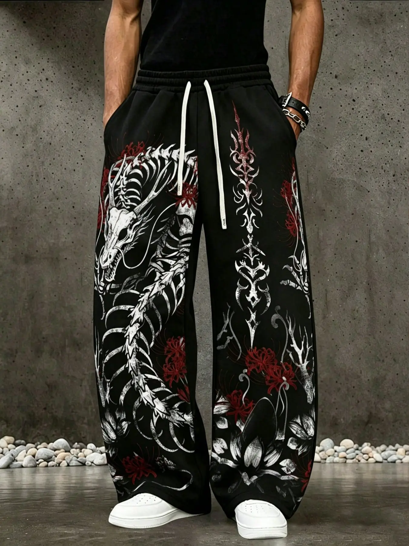 1 Pair Men Wide Leg Sweatpants Gothic Dark Street Style Dragon Skeleton Red Spider Lily Print Drawstring Loose Trousers For Streetwear Daily Casual Outfits