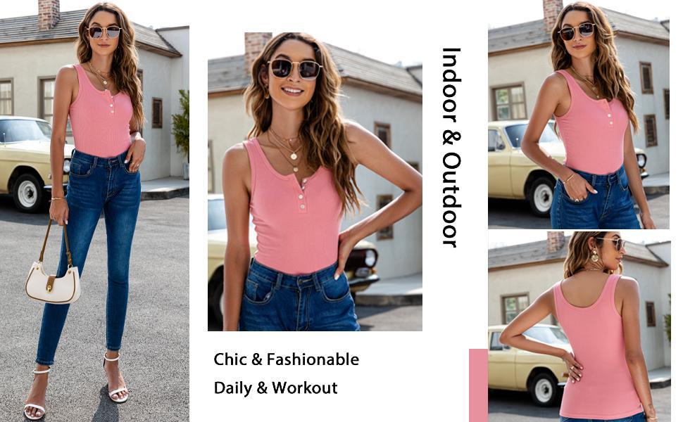 Imily Bela Women Henley Tank Tops Scoop Neck Ribbed Tops Summer Sleeveless Shirts Slim Fit Cami Knit Tees