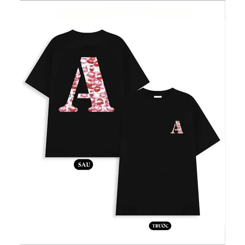 Women’s Black Oversized T-Shirt, A/B/C Initial Letter Lip Print Graphic Tee, Front Chest And Large Back Monogram Design, Y2K Casual Streetwear Short Sleeve Crew Neck Top Womenswear Jeans
