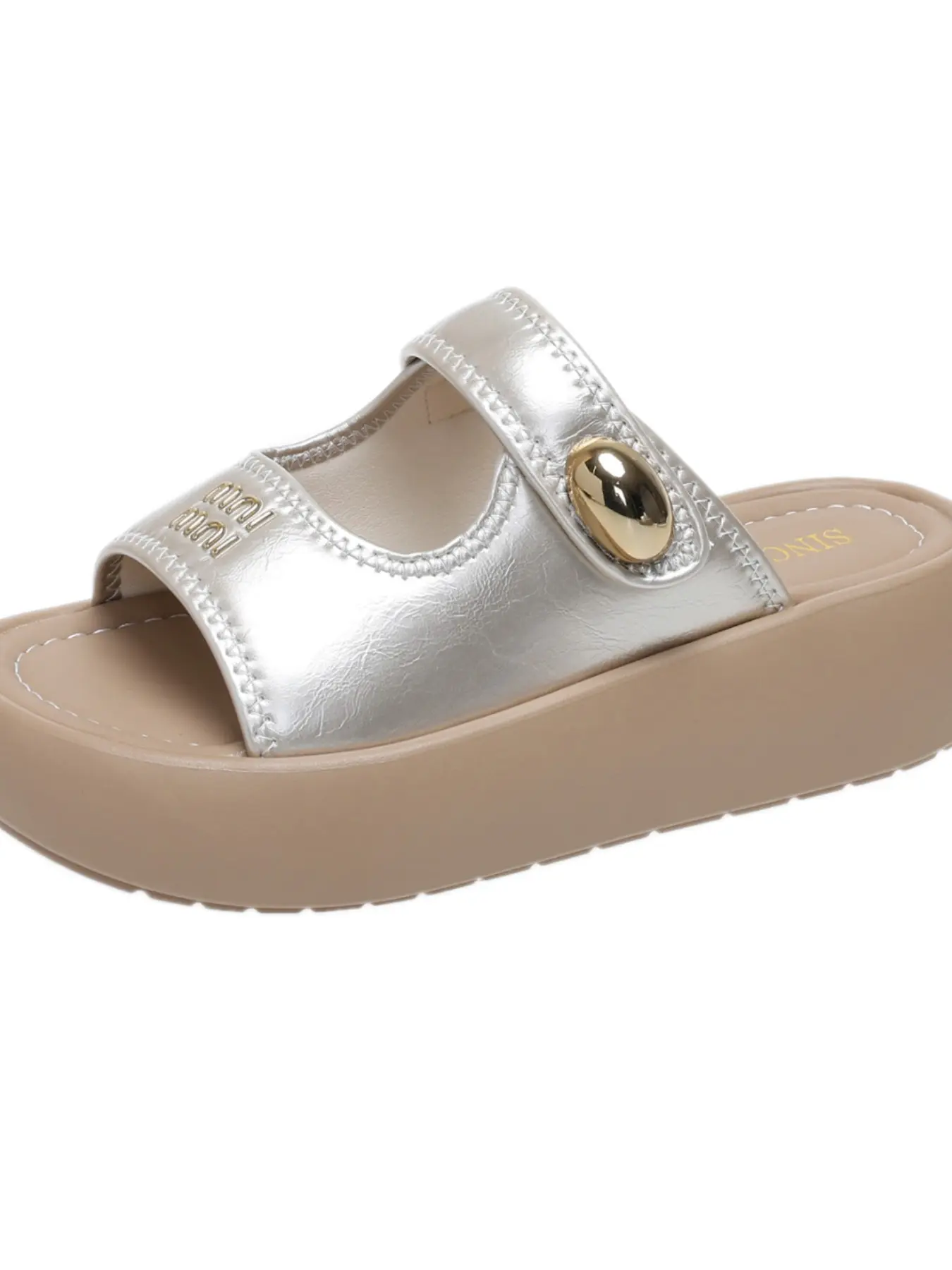 Women's Metallic Silver Adjustable Metal Buckle Platform Slide Sandals Open Toe Slip On Thick Cushioned Sole Y2K Streetwear Summer Slides