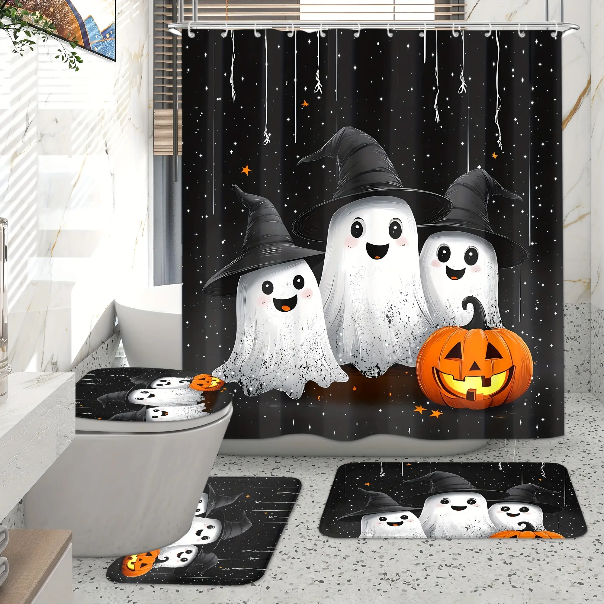 1/4pcs Halloween Ghost Print Bathroom Set Shower Curtain, Cute Funny Pumpkin High Quality Shower Curtain Bathroom Sets Full Set, 12 Hooks, Non-slip Bath Mat, Toilet Seat Cover, U-shaped Rug, Black White Fall Autumn Pumpkin Spooky Bathroom Decor and Access