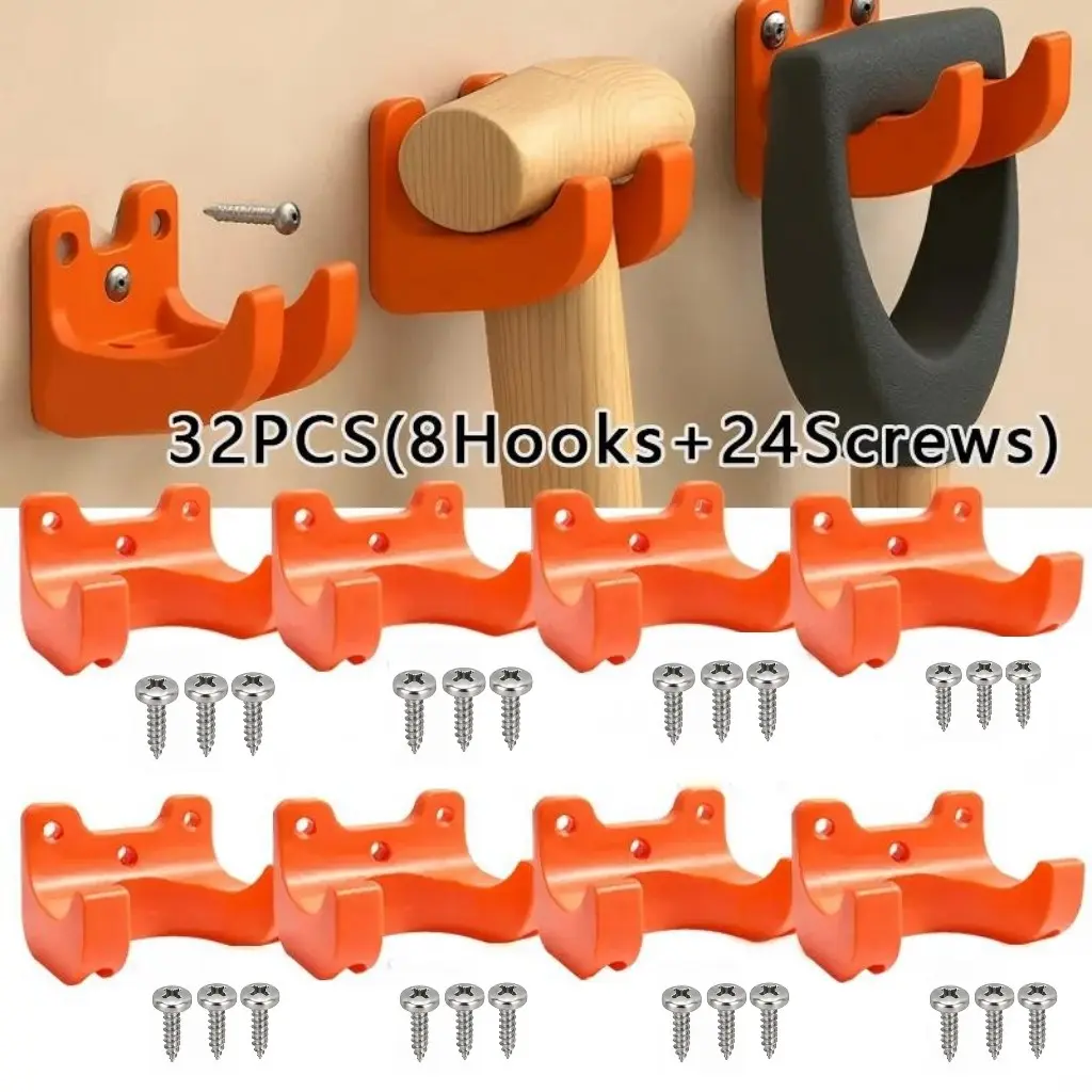 32pcs Garden Tool Hanging Rack Storage Organizer Set, Compatible with Gardening and Yard Equipment, Includes 8 Hangers and 24 Screws, 35mm Caliber for Brooms/Shovels/Hoes, Compatible with Long-Handled Tools, and Other Tool Hooks, Installation, Screw-Fixed