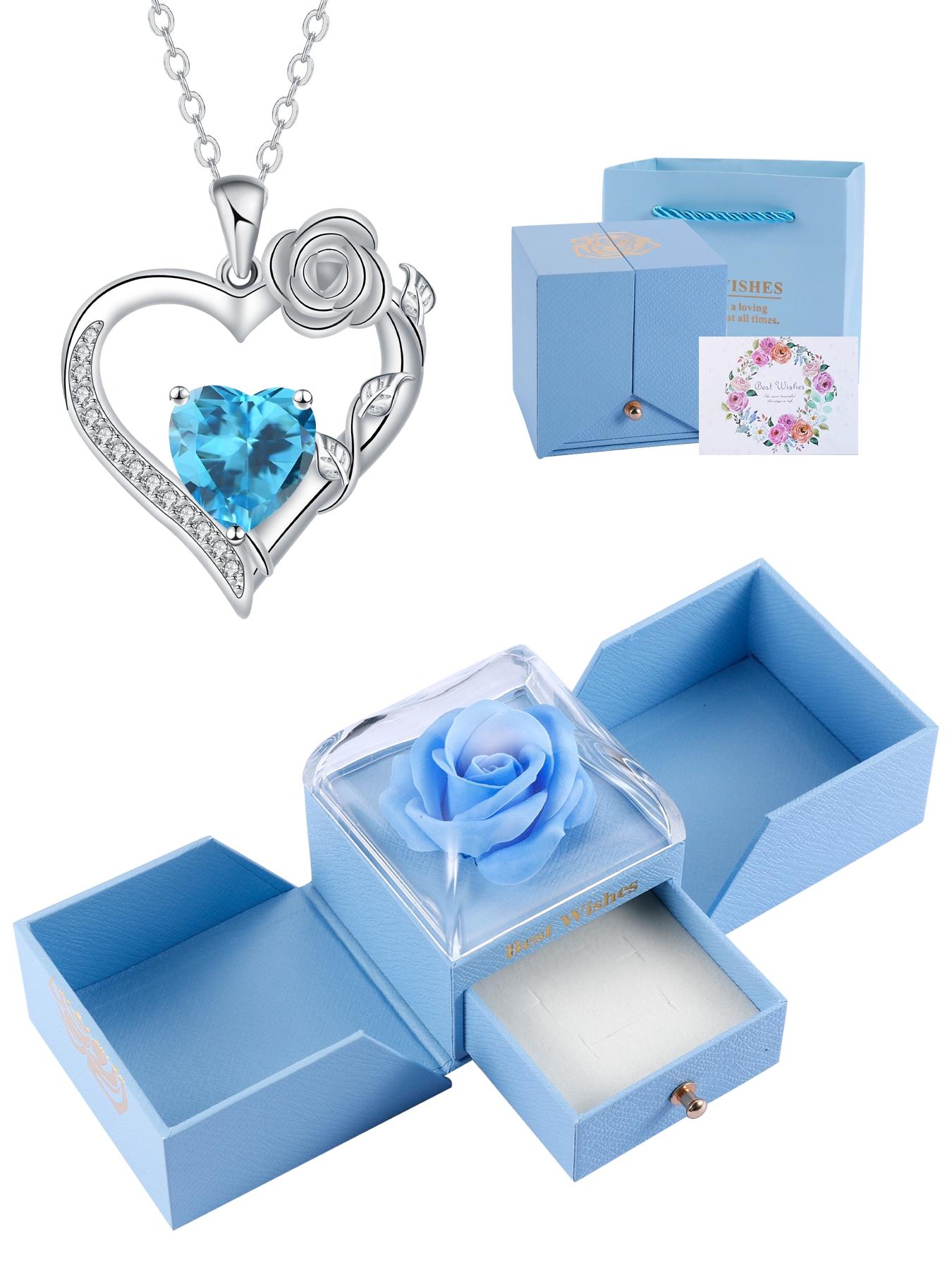 Rose Flower Heart Pendant Necklace With Rose Jewelry Gift Box, Exquisite Jewelry Gift, Anniversary Valentines Day Necklace Gift for Wife Girlfriend, Birthday Gifts for Mom Daughter, Heart Design Necklace