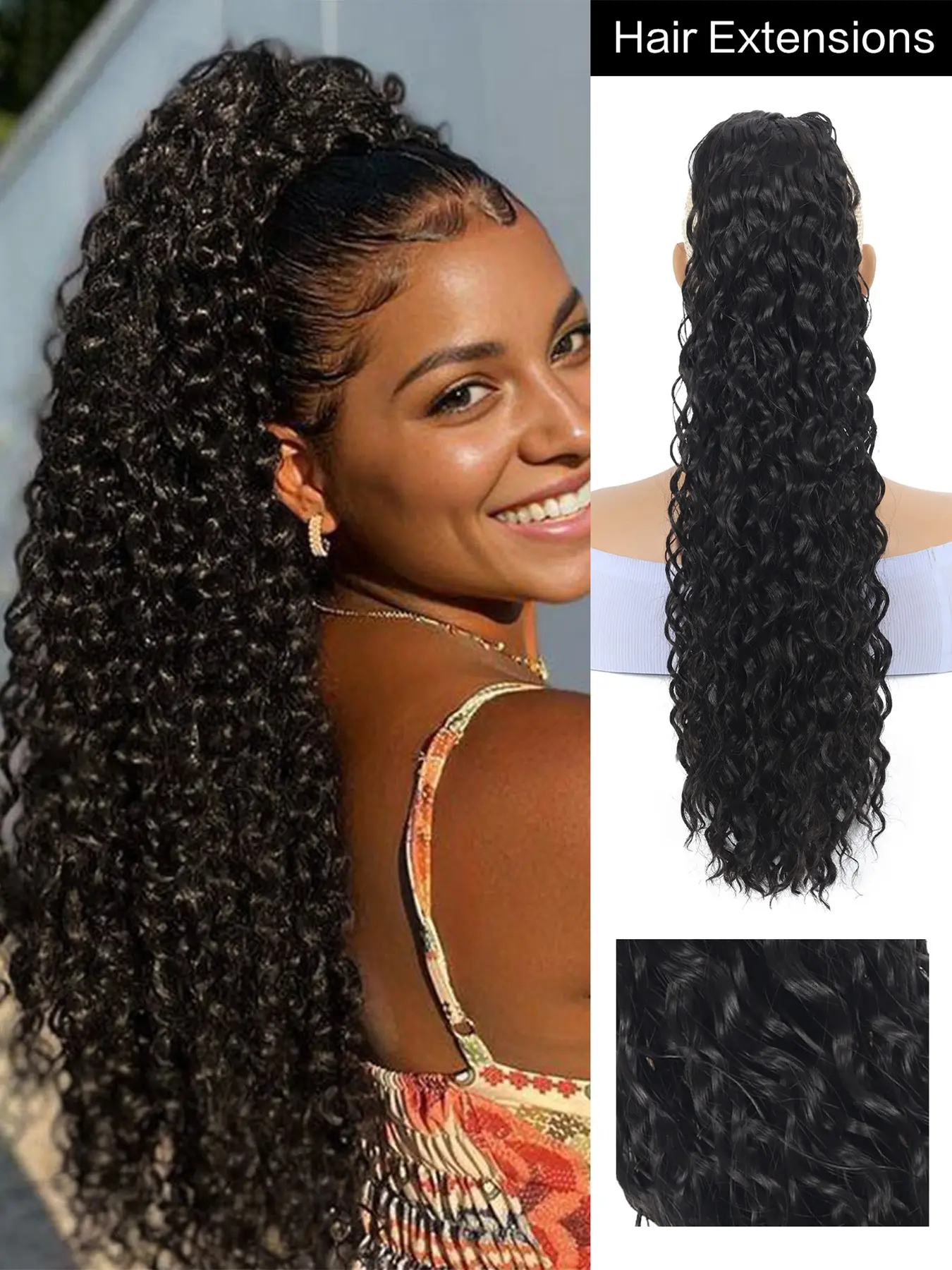 22-Inch Bohemian-Style Drawstring Ponytail Extension (Dark Brown) – Long, Curly/Wavy Synthetic Hairpiece for Women; Features a Natural Texture and Stylish Look, Perfect for Daily Wear, Parties, Music Festivals, and Carnivals.