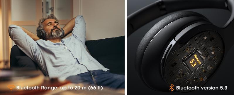 Mokata22 Bluetooth Headphones Over Ear, 90H Playtime, Bluetooth Wireless Headphones, 3 EQ Modes, Built-in HD Mic,  Electronic Headset OverEar comfort wearables Multi-Platform Gaming quiet immersive bass audifonos earpieces- play time Audio Black