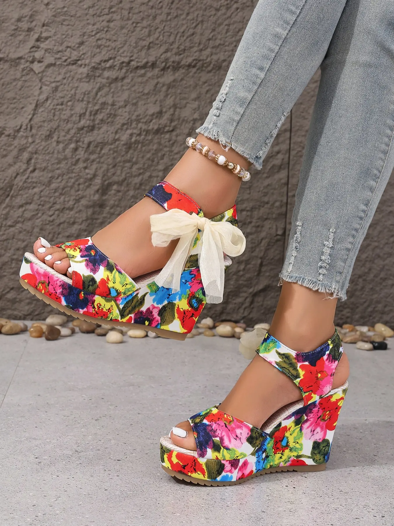 Women Colorful Floral Print Wedge Heel Sandals with Organza Bow and Adjustable Ankle Buckle, Non-Slip Thick Platform Open Toe Vacation Casual Shoes