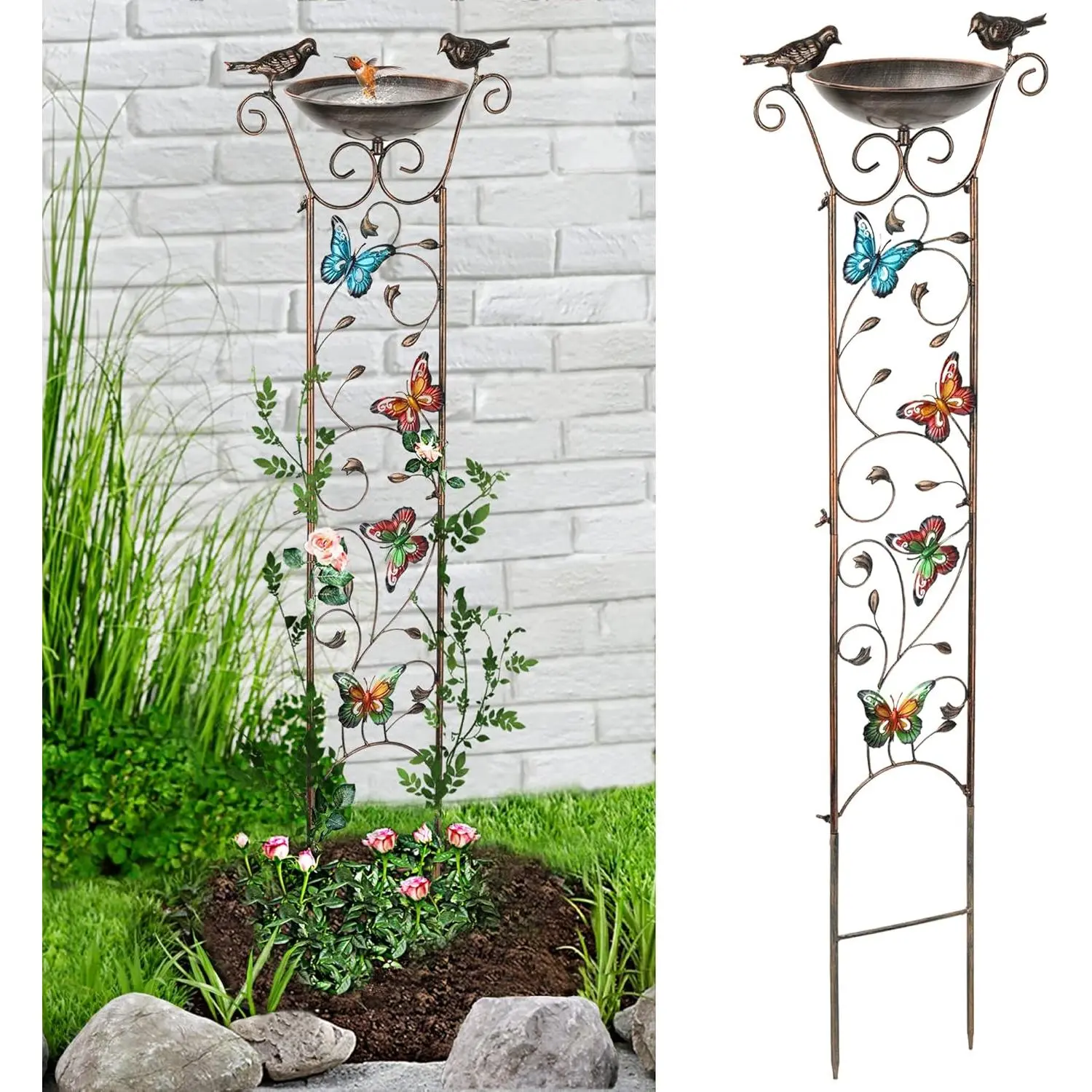 43.5 In Antique Iron Rust-Proof Decorative with Butterflies Detachable Drinking Basin Bowl Birdfeeder Station