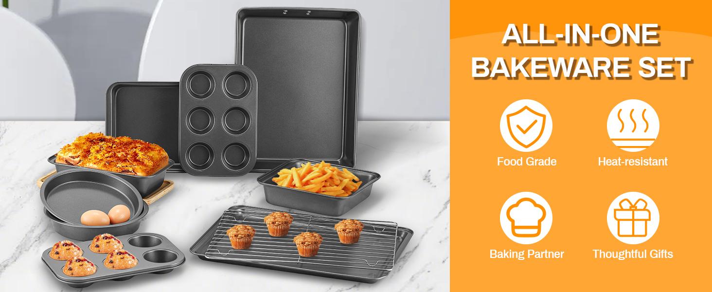 12PCS Nonstick Bakeware Set, Non-Toxic Carbon Steel Baking Pans Set with Wider Grip, Includes Roasting Pan, Cookie Sheet, Cake Pans, Muffin Pans, Cooling Rack, Oven Mitts, Easy Release