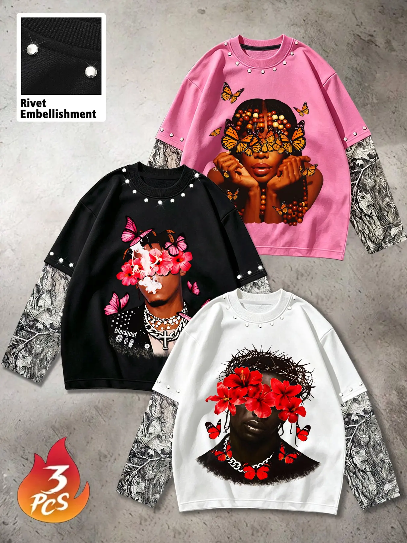 Men's Rivet Decorated Fake Two-Piece Long Sleeve Three-Piece Set, Portrait Butterfly Floral Print Round Neck Top, Camouflage Patched Sleeves