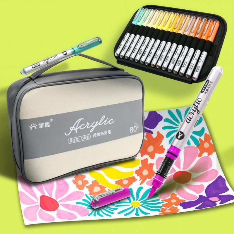 Acrylic Paint Marker Set, 1 Set Portable Brush Tip Paint Marker with Storage Bag, Acrylic Drawing Markers, Art Supplies for Rock Painting, Ceramic, Wood, Canvas, Glass, Stone, Fabric