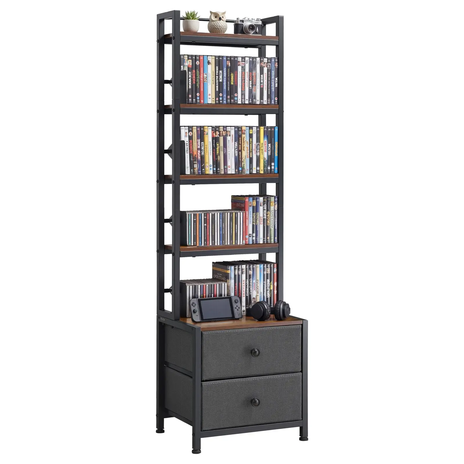 VEVOR Stable Sturdy 4-Shelf Media Storage Cabinet with Drawers, 15.75x11.81x56.50in Wall-Mount Rack Shelf, Anti-Slip Bookends & Kraft Paper Markers, Neat Media Alignment for Living Room, Home Office