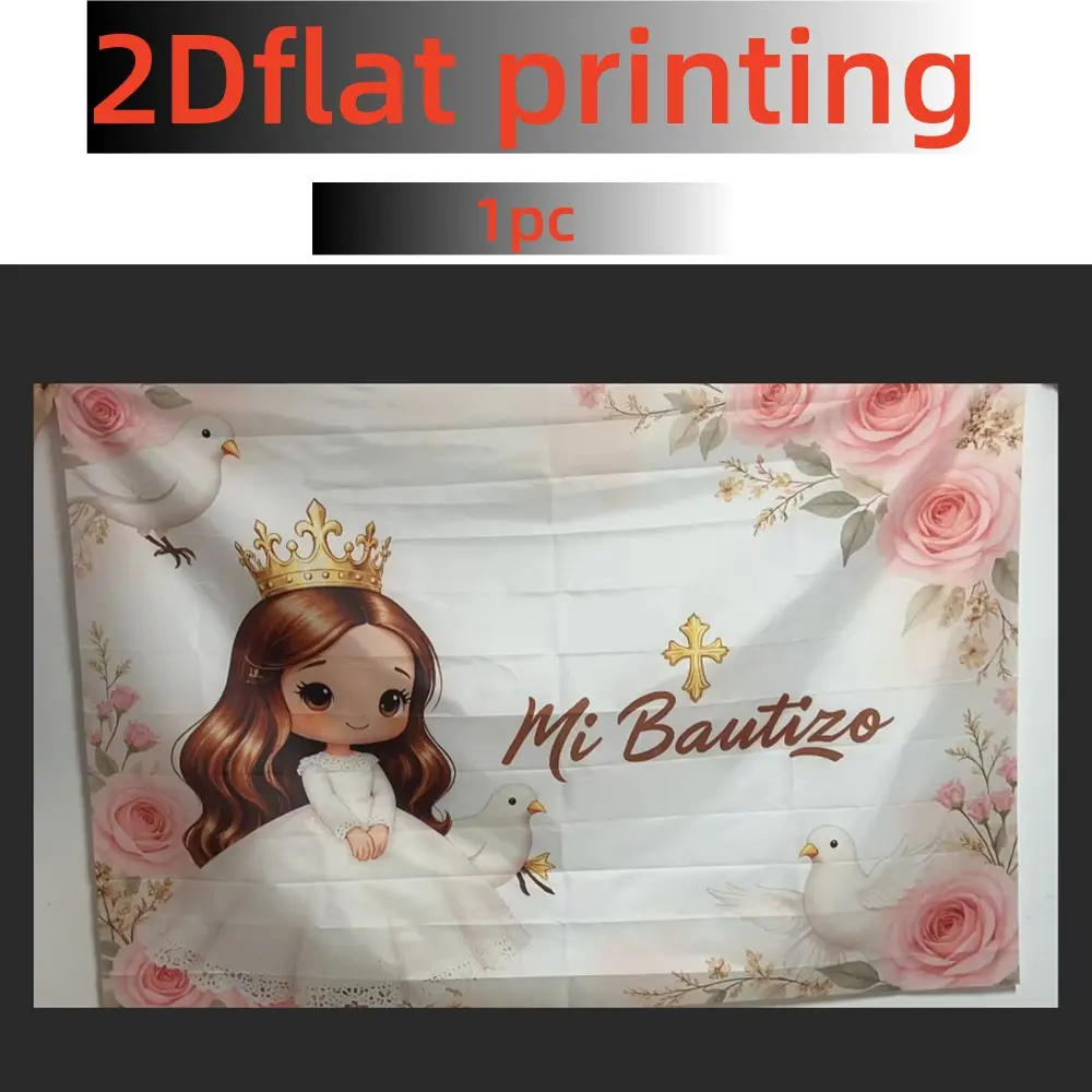 Spanish Baptism Theme 'mi Bautizo' Background Cloth, Polyester Material, Princess & Rose Design, Baby Girl Baptism Decoration, Banners, Backdrop Decoration, Decorative Banner, Bautizo Decorations