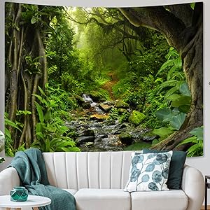 Green Rainforest Tapestry Nature Forest Tapestry for Bedroom Aesthetic Misty Tropical Jungle Trees Flowing Stream Landscape Tapestries Wall Hanging for Living Room Dorm 48 x 36 Inch