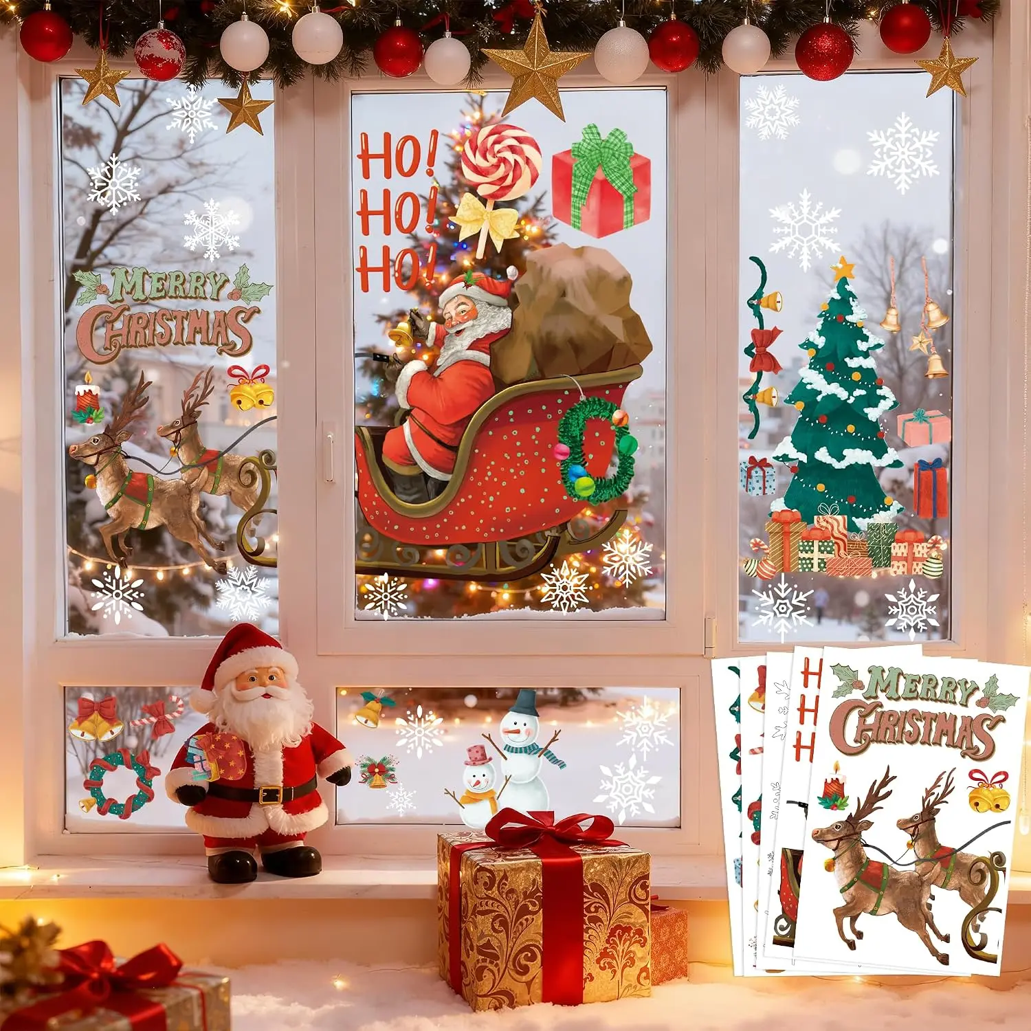 2025 Christmas Snowflake Window Clings Stickers - Modern Synthetic Glass Decor Set, Indoor/Outdoor Wall Gifts with Santa Claus, Reindeer for Holiday Party Supplies, Xmas