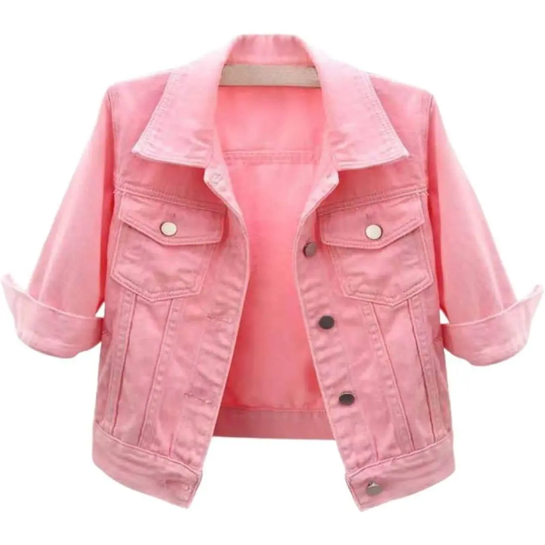 Women's 3/4 Sleeve Colored Cropped Denim Jacket Light Wash Short Jean Jacket Trucker Coat