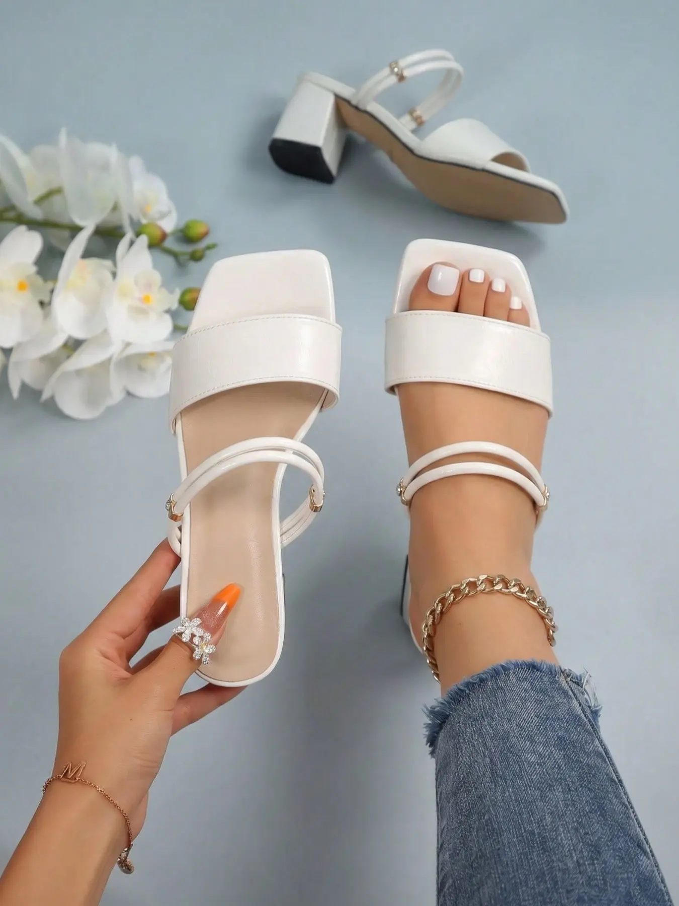French Style Simple Two-Way Chunky Heel Sandals, Square Toe Open-Toe Strap, Versatile Elegant Shoes for Office, Date, Travel