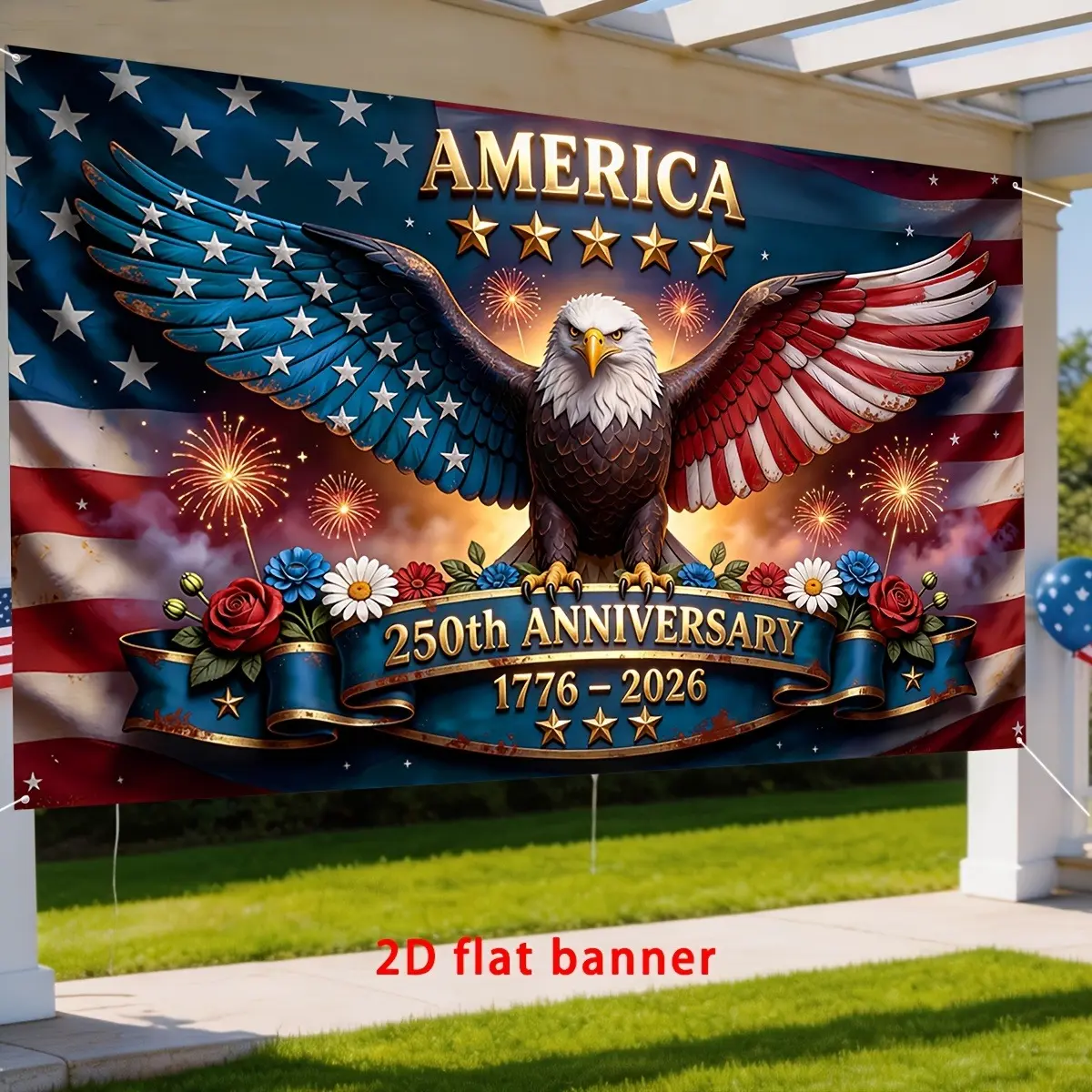 USA 250th Anniversary 1776–2026 Patriotic Eagle 2D Flat Banner, Single-Sided Polyester, Metal Grommets for Easy Hanging, Independence Day Party Decor