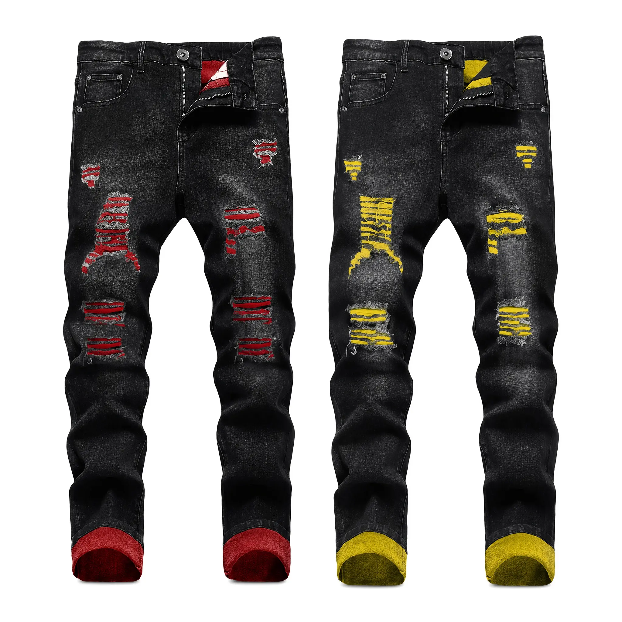 2-piece set Men's Fashion Distressed Patchwork Ripped Jeans with Fleece Lining Warm Thermal Winter Denim Pants Streetwear Skinny Fit Black Red Yellow Two Tone Punk Menswear Trouser