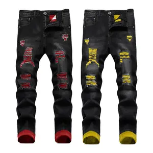 2-piece set Men's Fashion Distressed Patchwork Ripped Jeans with Fleece Lining Warm Thermal Winter Denim Pants Streetwear Skinny Fit Black Red Yellow Two Tone Punk