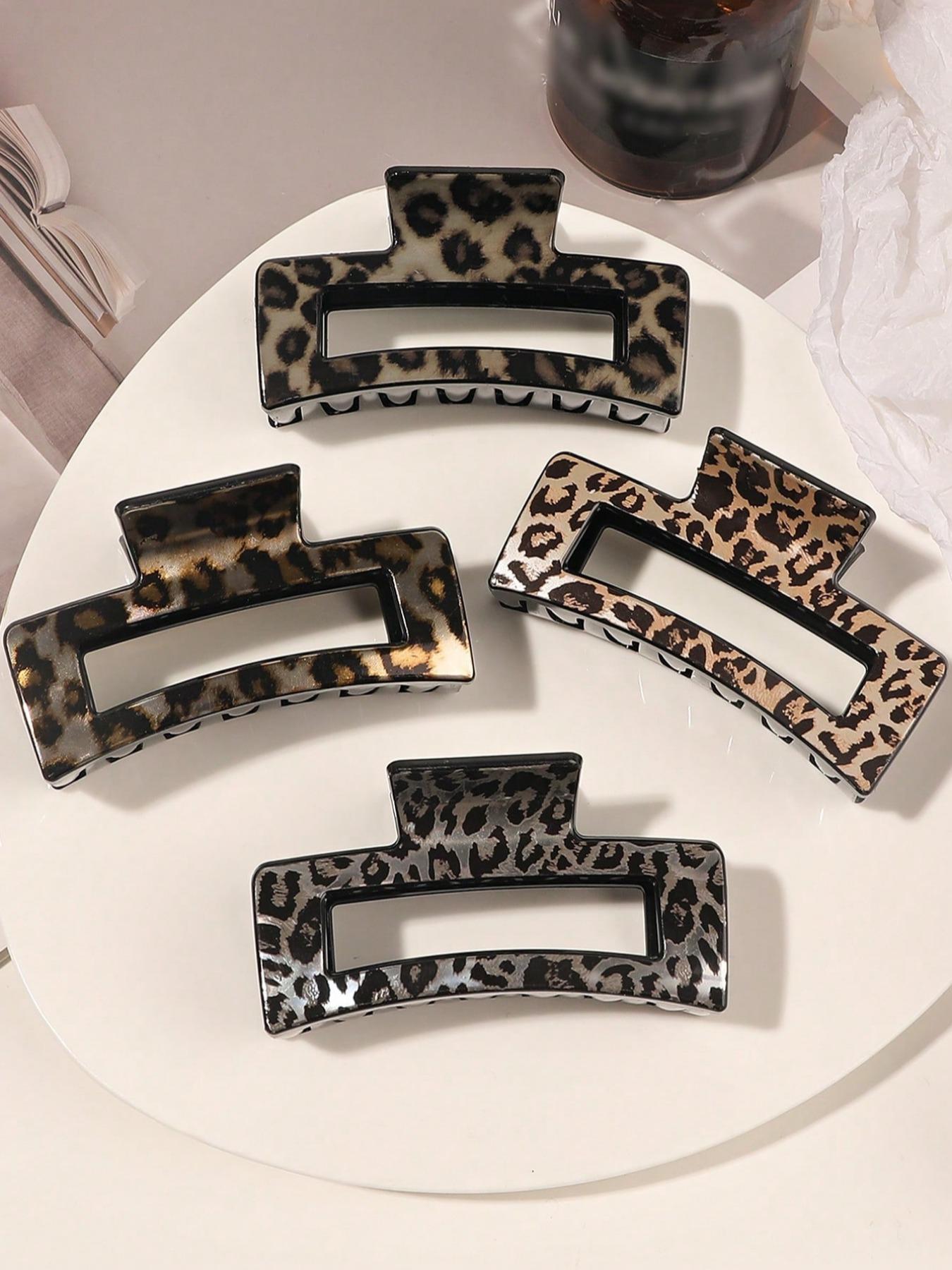 4pcs/Set Medium Leopard Print Square Hair Claws, Plastic Square Hair Clips, Damage-Free Hair Accessory, Suitable For Daily Wear, Parties, Gifts, Flat Claw Clips, Claw Clips, Hair Jaw Clip
