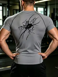 Men's Summer Y2K Spider Print Workout Short Sleeve, Comfortable Breathable Compression Top, Ideal for Outdoor Sports and Gym