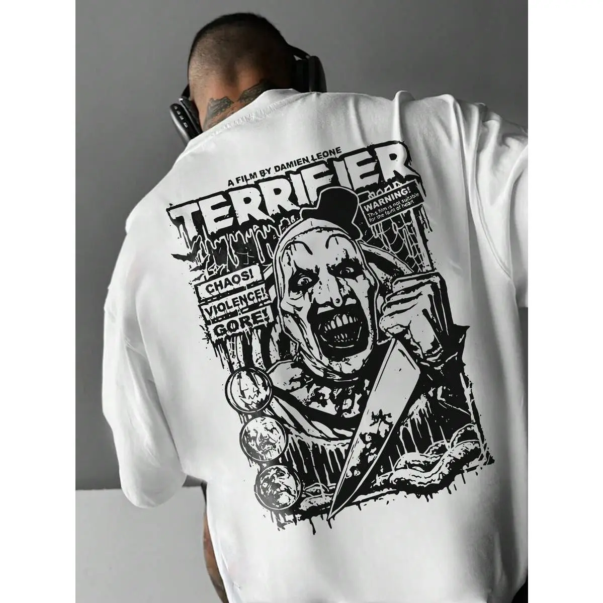 Terrifier Art The Clown Back Print Graphic T-Shirt Horror Movie Fan Halloween Spooky Oversized Short Sleeve Tee 100% Cotton Unisex