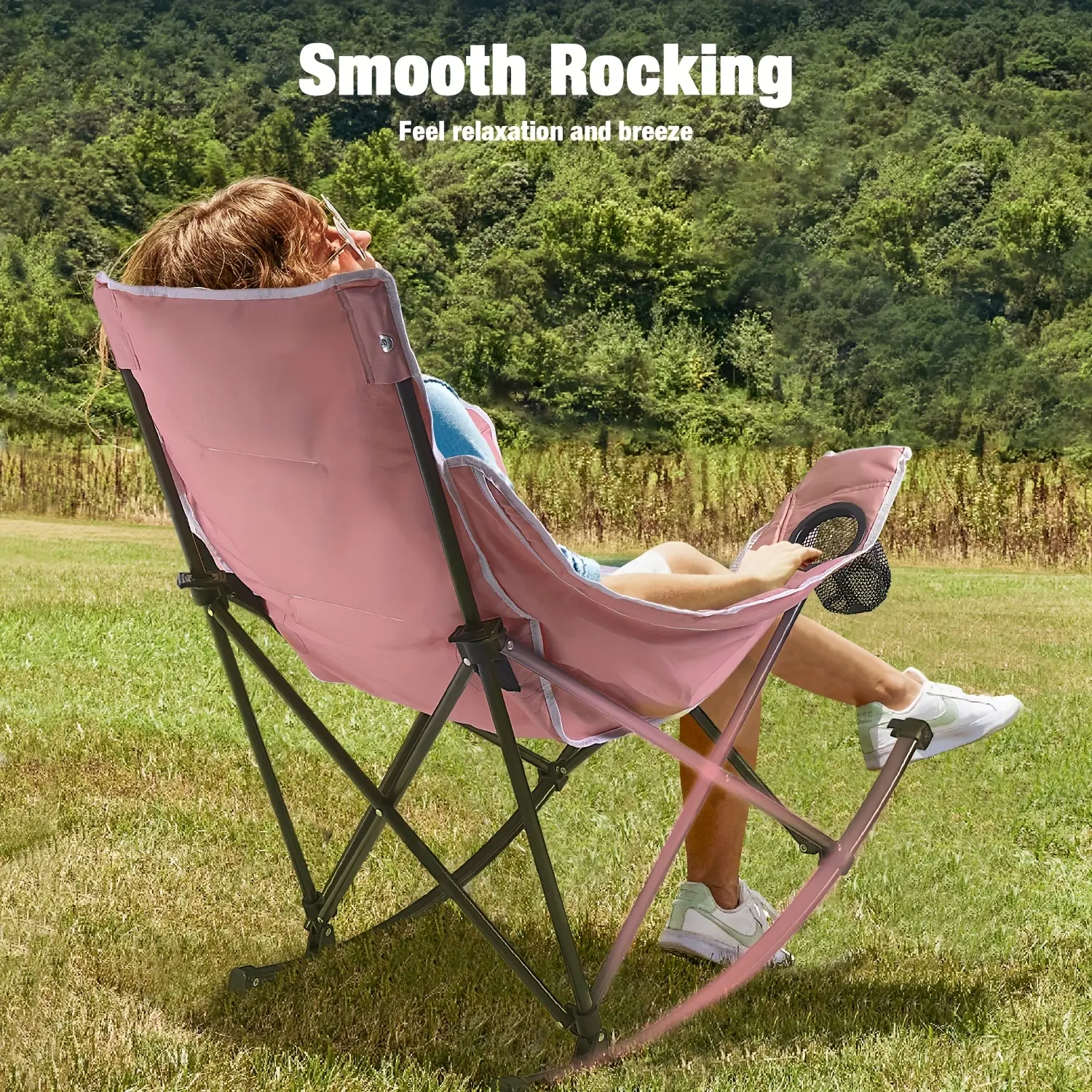 Outdoor Folding Rocking Camping Chair for Adults, Folding Lawn Chair for Outside Use with Cup Holder, Portable Oversized Heavy Duty Camping Rocker, Cooler Bag And Side Pocket