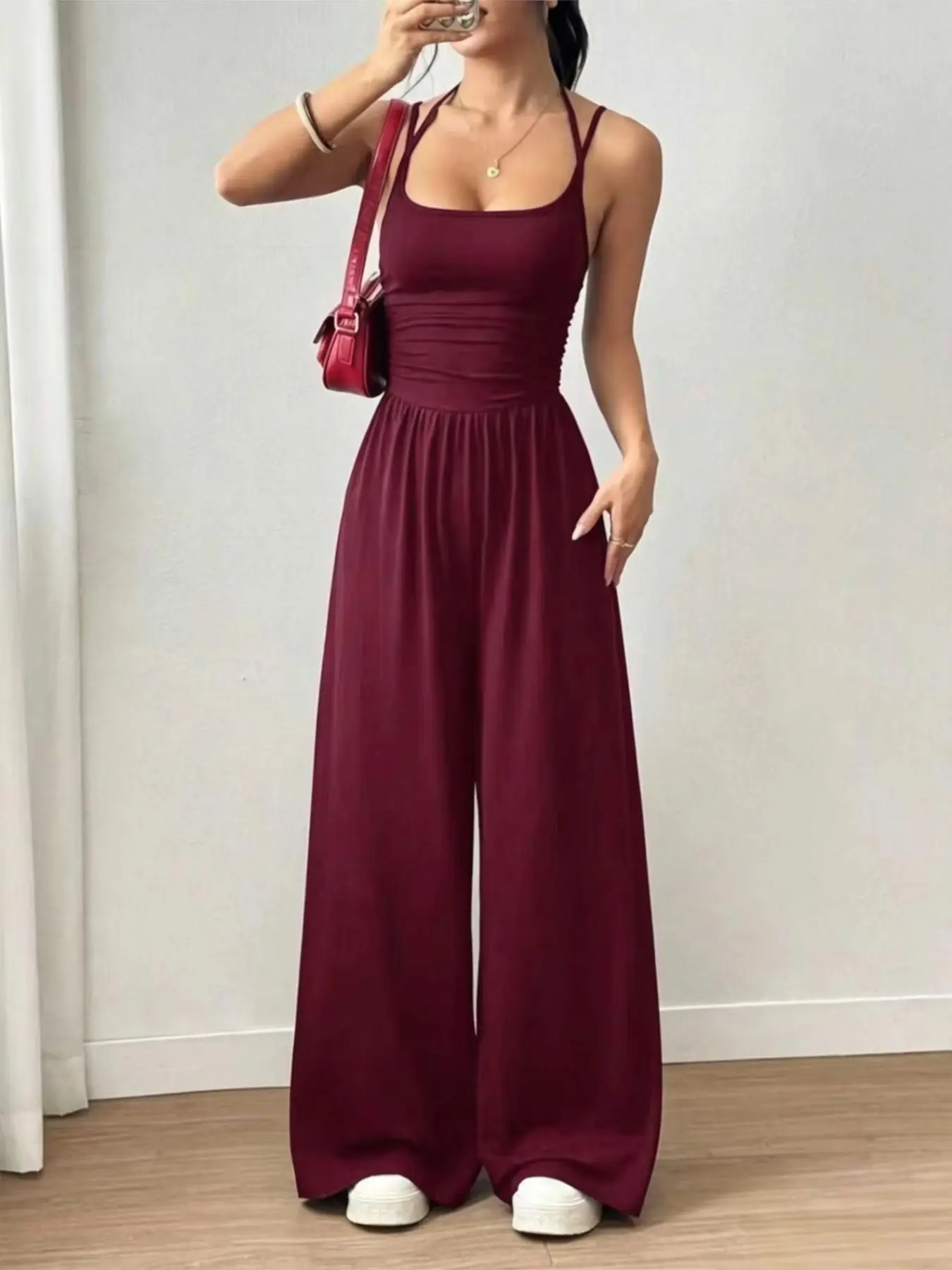 Women's Casual Loose Fit Sleeveless Spaghetti Strap Tank Top Romper, Summer High Waist Wide Leg Pants, Minimalist Stylish Commuter Outerwear, Comfortable Wrap Front Design