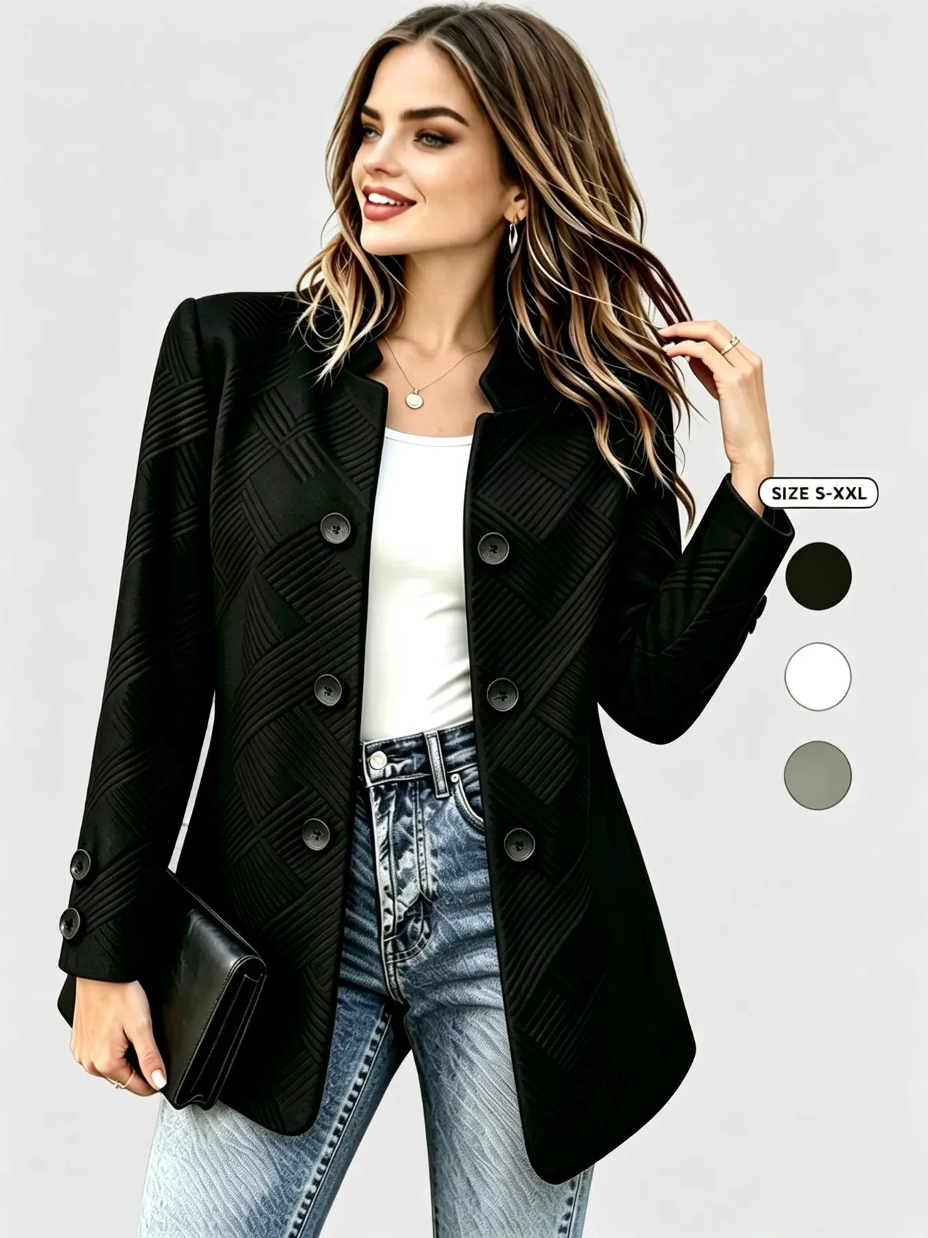 Women's Fall Winter Stand Collar Double Button Blazer, Elegant Long Sleeve Loose Fit Cardigan, Casual Outerwear for Office & Leisure