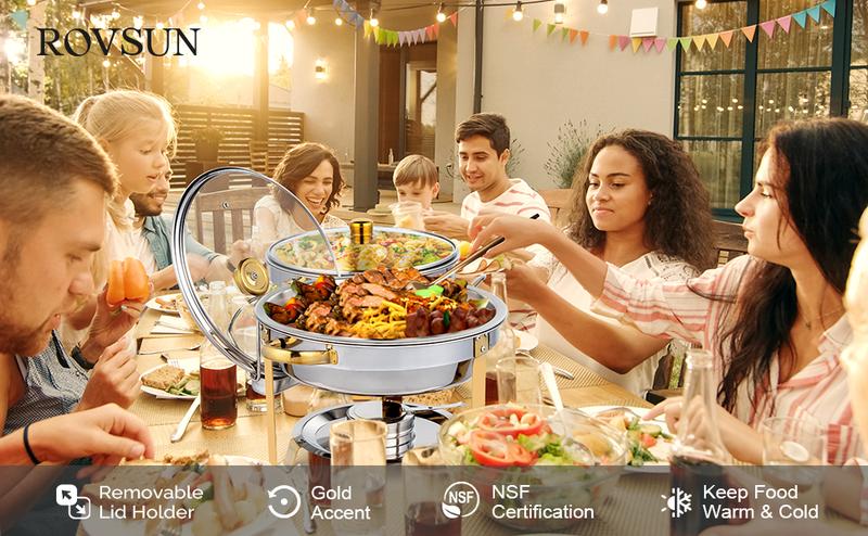 ROVSUN 5QT 2/4 Packs Chafing Dish Buffet Set Gold Accent, NSF Round Stainless Steel Buffet Warmer Chafers and Buffet Warmers Sets with Glass Lid & Lid Holder for Catering Events Parties Weddings Dinners