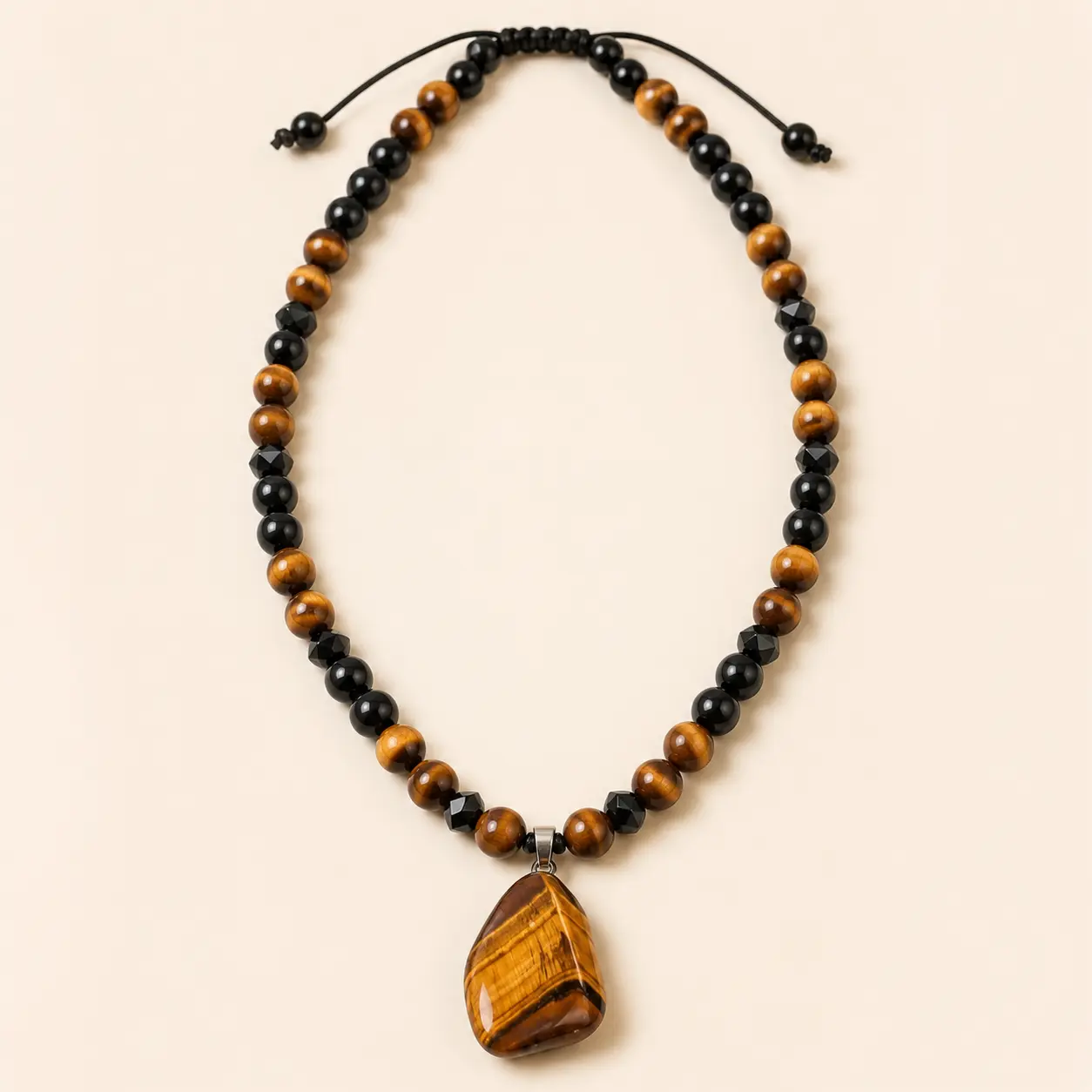 Tiger Eye Stone Necklace for Men, Black Beaded Pendant Necklace, Natural Stone Jewelry, Western Cowboy Boho Necklace, Adjustable Cord Gift