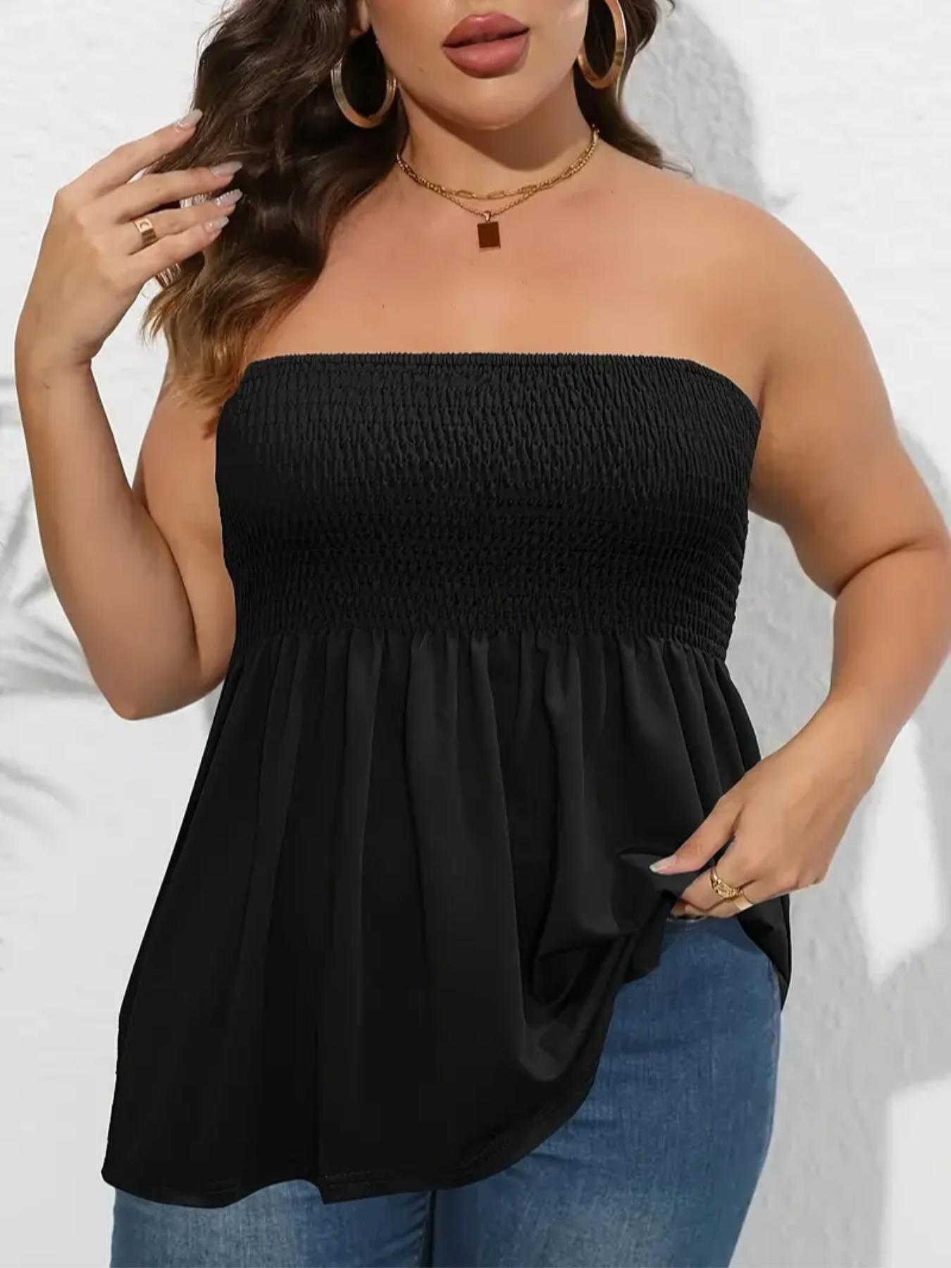 Plus Size Solid Ruffle Hem Shirred Tube Top, Boho Fashion Chic Style Tops, Lady Strapless Top, Womenswear, Casual Sleeveless Strapless Black Top Plus Size Solid Ruffle Hem Shirred Tube Top, Boho Fashion Chic Style Tops, Lady Strapless Top, Womenswear, Casual Sleeveless Strapless Black Top