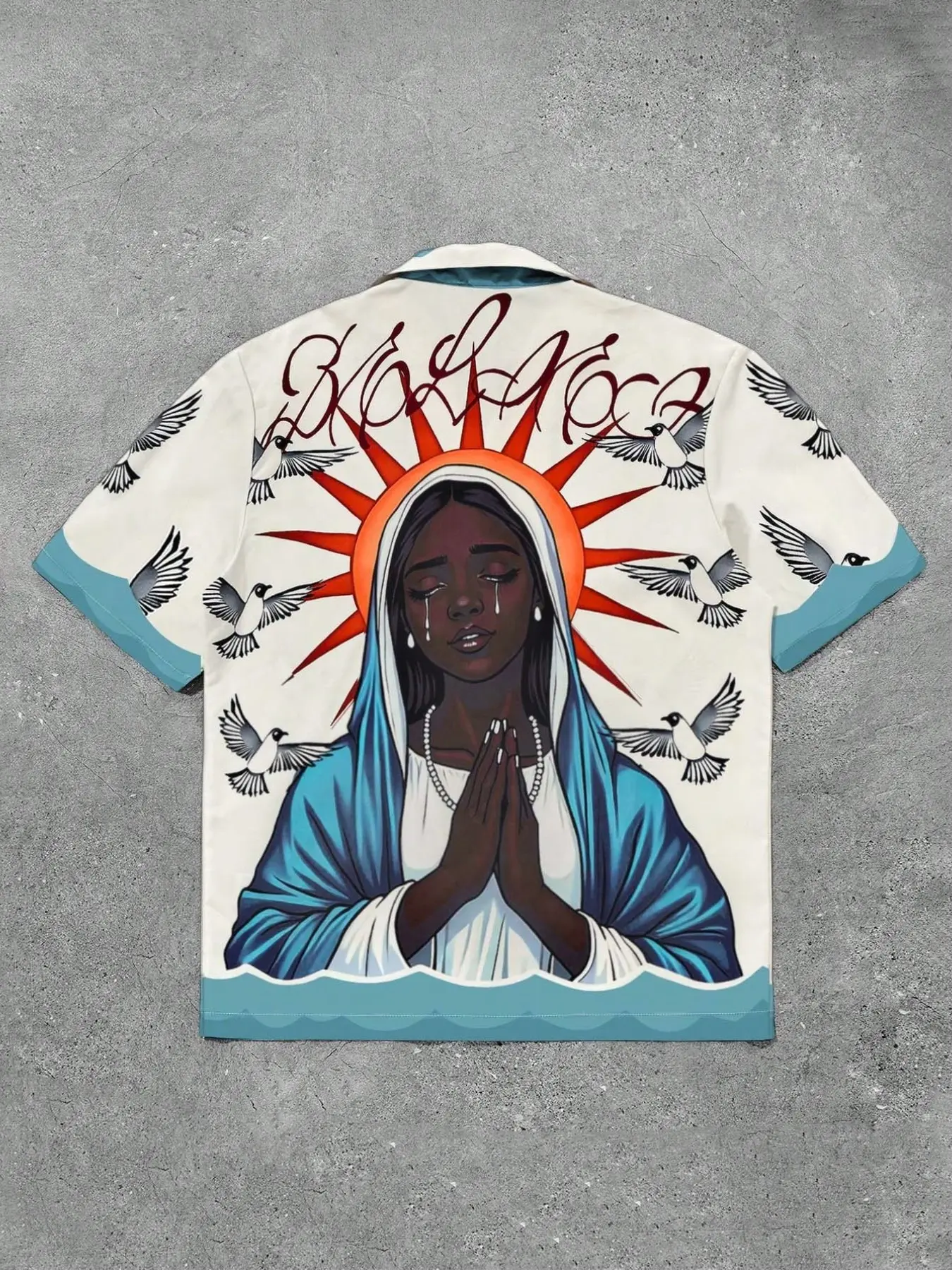 American West Coast Chicano Black Virgin Mary Dove Printed Cuban Collar Shirt, Vintage Hawaiian Loose Short Sleeve Button Up, Unisex Street Casual Shirt, Outfit for Beach Party Vacation, Couple Top, Holiday Birthday Gift