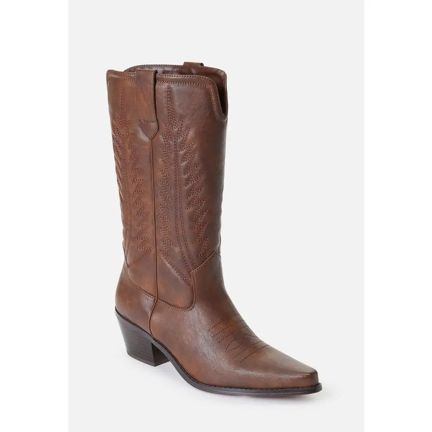 JUST FAB Women's Western Cowgirl Boots, Mid Calf Embroidered Cowboy Boots with Side Zipper, Pointed Toe, 2.25" Stacked Block Heel for Concert, Rodeo & Festival