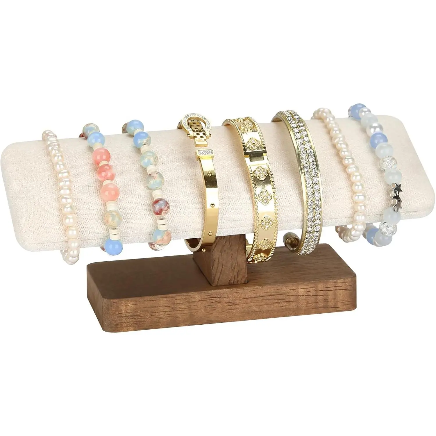 Walnut Color Wooden T-Bar Watch Display Stand Tower - Beige Compact Durable Modern Bracelet Organizer for Bangle, Anklet, Scrunchie, Retail Show Use