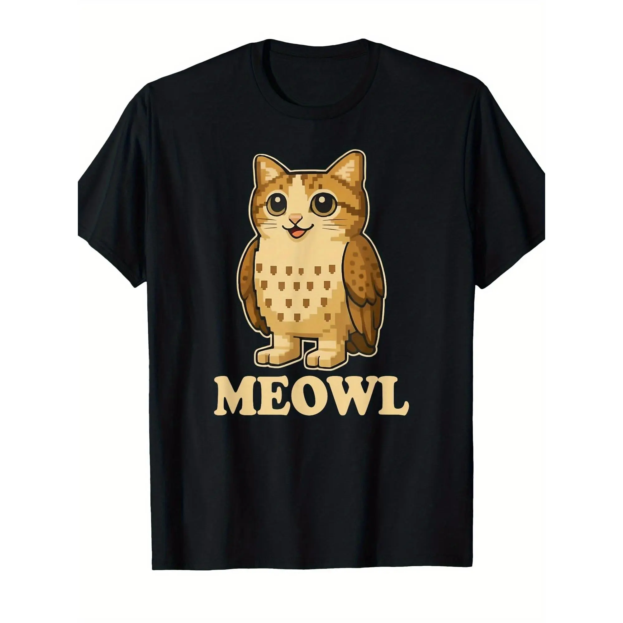 Meowl Cat Owl Pixel Funny Graphic Tees For Men, 100% pure cotton short sleeve oversized tshirt for men, trending menswear fit casual street style & airport shirt, ideal funny gifts for him and holiday festive presents, back to school clothing