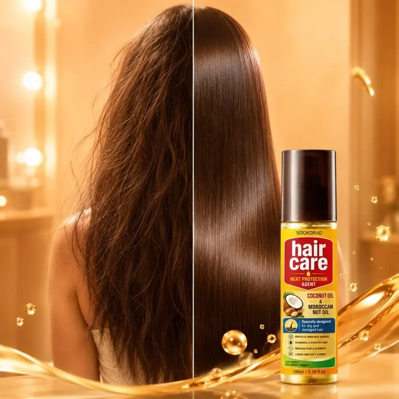 hair heat protection agent, with coconut oil, moroccan nut oil, protects from heat damage, nourishes and hydrates hair, reduces frizz and flyaways, leaves hair soft and shiny, for dry and damaged