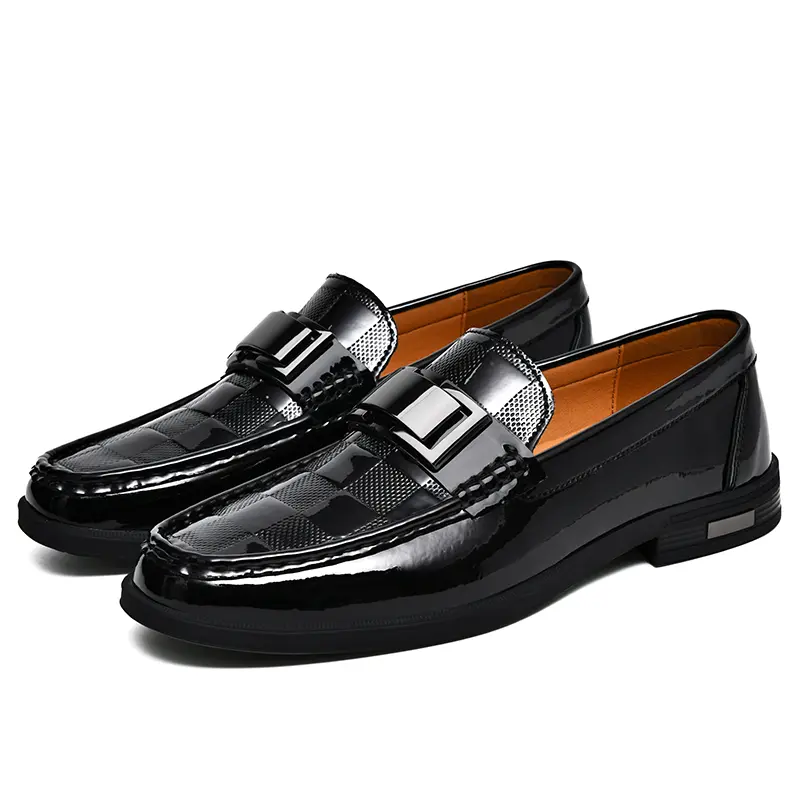 Men's Glossy Polished PU Loafers - Classic Plaid Pattern, Decorative Metal Buckle, Round Toe, Slip-On Flat, Non-Slip Wear-Resistant, All-Day Comfort Business Casual Dress Shoes for Office Work, Date men simple mocasines