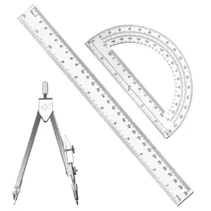3 Packs Plastic Geometry Math Set, Includes 12 Inch Ruler, 6 Inch Clear Protractor, Compasses & Angle Detector, Student School Supplies for Classroom Home Office Drawing