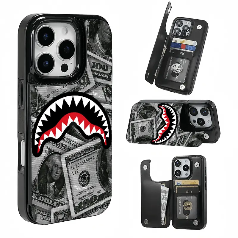 Dollar Bill Shark Teeth Print Card Holder, This phone case features a card slot function, can store bank cards, transit cards and other cards, suitable for iPhone 17/16/15/14/13/12, and makes a great gift for girls. Protector Shockproof