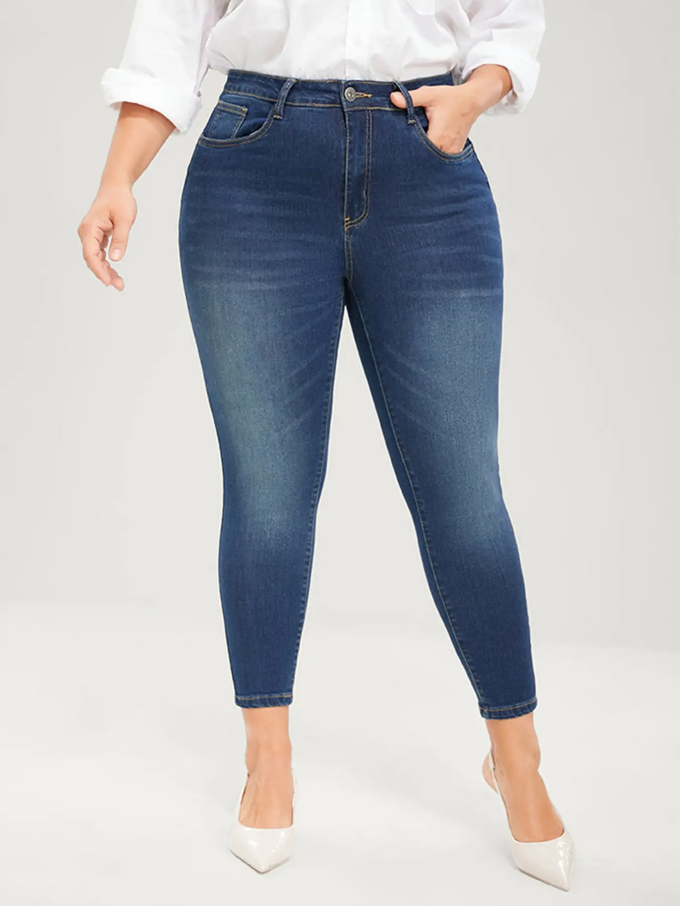 Blue Jeans Tight Fit Skinny Jeans for Women, Washed Denim Elastic Jean Pants, Sizes 5xl-8xl, Mid Waist Slim-Fitting Button Fly