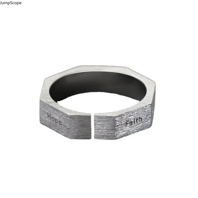 Men's Brushed Hexagon Shape Stainless Steel Ring - Engraved Virtues, Cardinal Prudence Temperance Fortitude, Minimal Retro Hip Hop Statement Wear Single Band