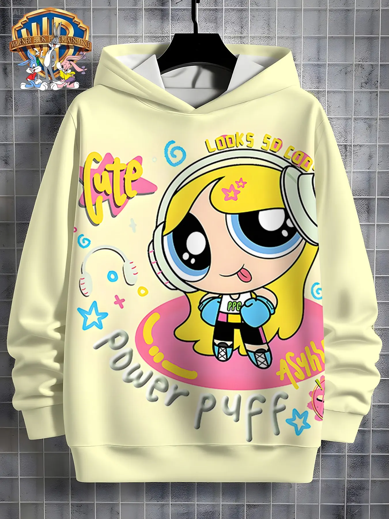Powerpuff Girls Bubbles Kids Hoodie, Casual Loose-Fit Cartoon Top, Fall & Winter Schoolwear, Official Wb Licensed, Trendy Earphone Style