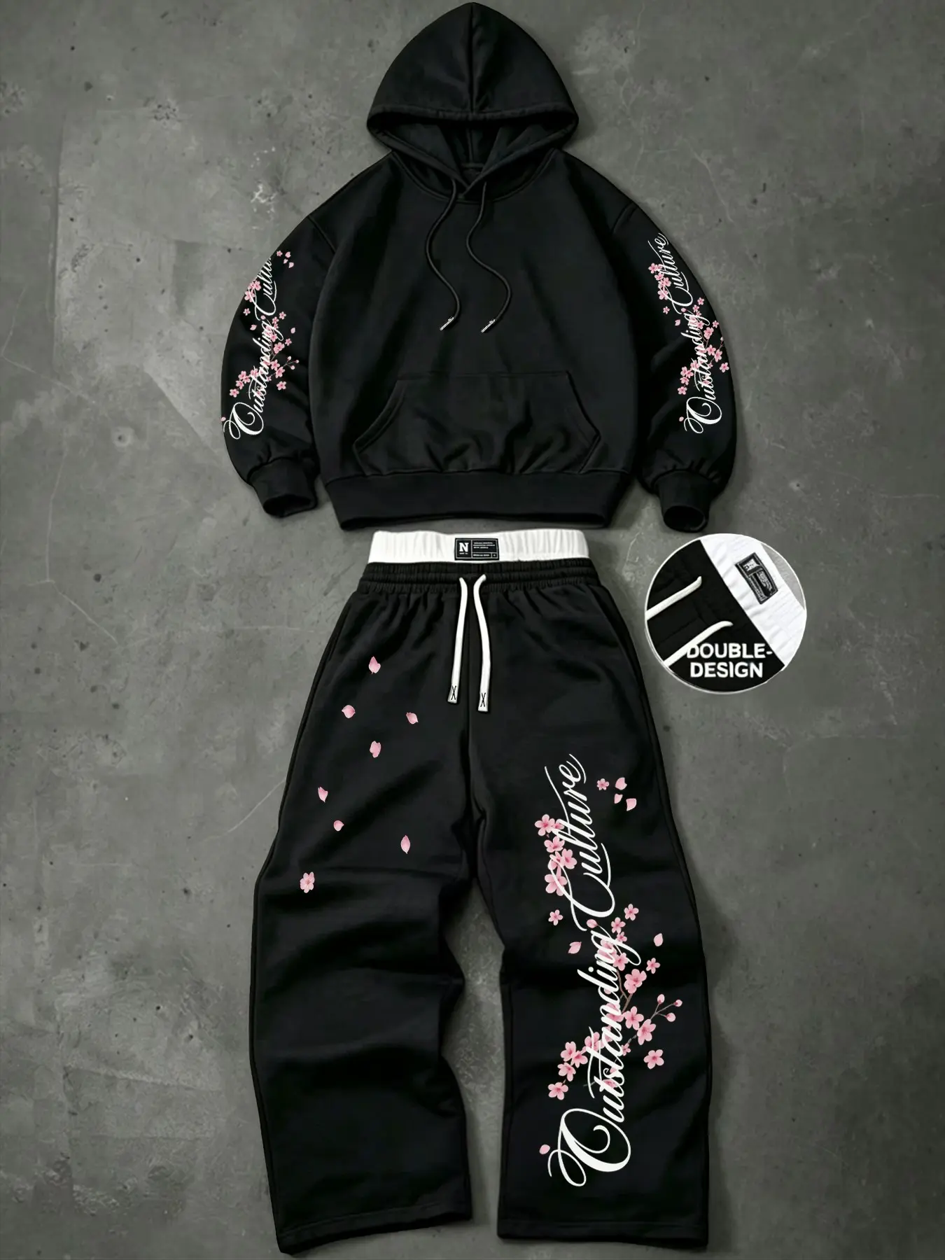 Men's Fall Winter Fleece Hoodie and Straight Leg Pants Set, Letter Cherry Blossom Design, Casual Streetwear, Campus Style, Leisure Home Wear