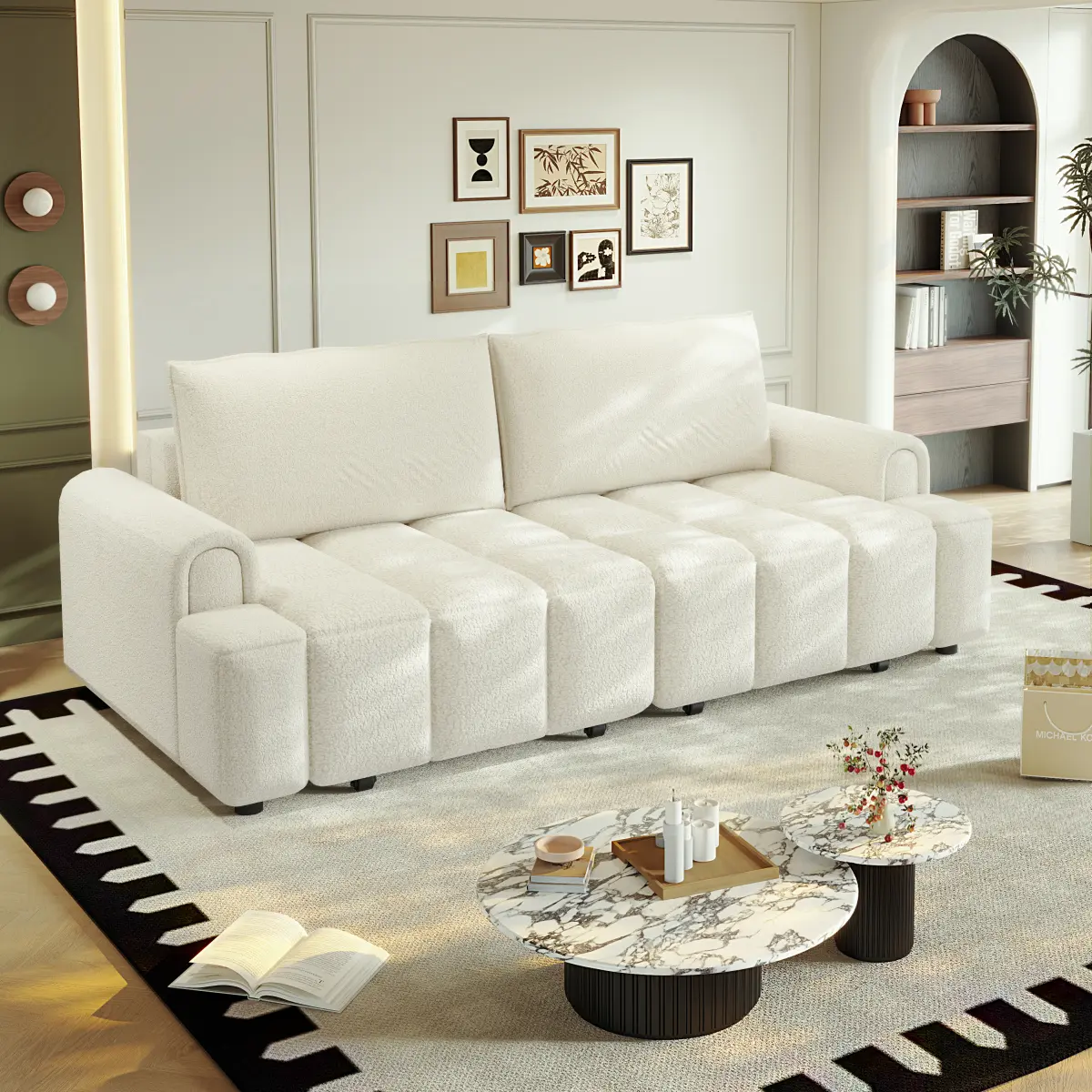 Aobtkel90.2" Comfy 4-Seater Modern Sherpa Fleece Fabric Couch with Seats Storage, King Size 3-in-1 Convertible Sleeper Sofa Bed for Living Room,Office,Apartment,Beige/White(Old SKU:W1885S00249)    RR