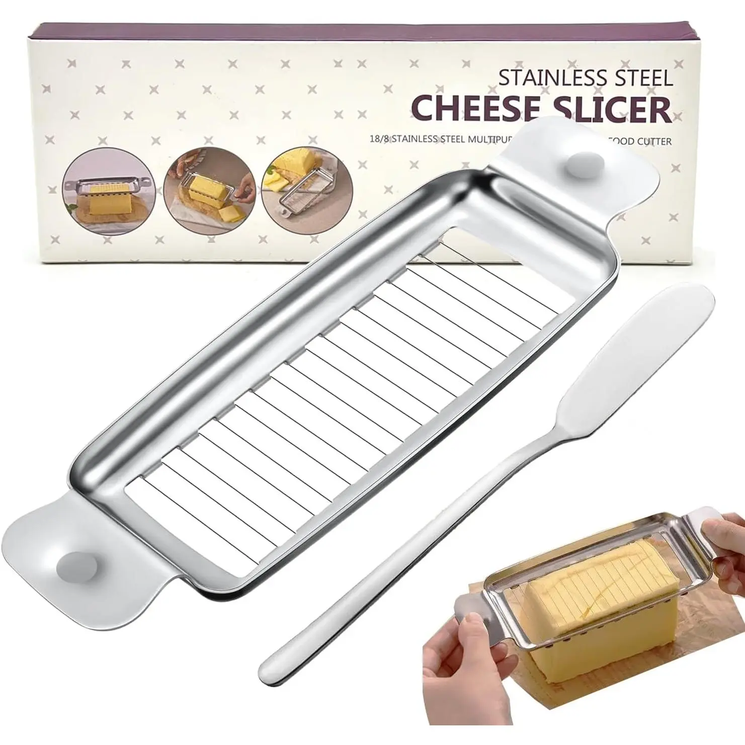 Cheese Slicer for Block Cheese:18 Wires Cut 1/4 Inch Butter , Stainless Steel Slicers for Butter Squares Bulk  with Cheese , Dishwasher Safe