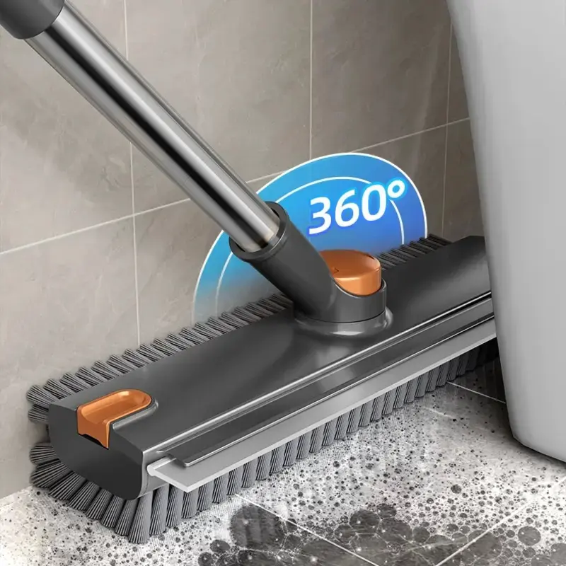 1pc 3-in-1 Rotatable Floor Scrub Brush With Extendable Stainless Steel Handle, 360 Rotating Hard Bristle & Silicone Water Wiper, Cleaner For Tile Floors, Concrete, Shower Room, Balcony, Home Cleaning Tools, Household Cleaning Tool