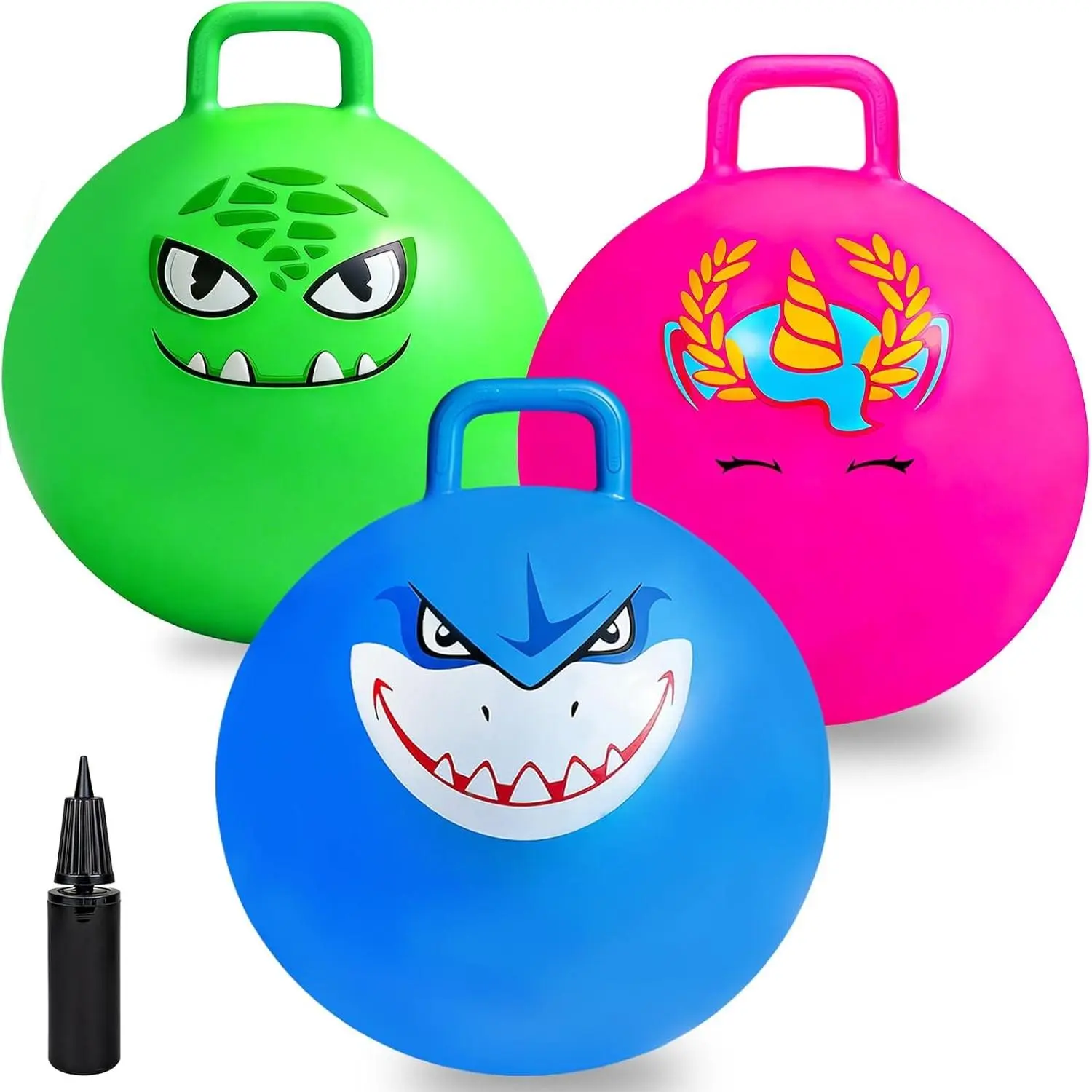Bounce Balls with Handles for Kids, 3 Pack 18 Inch Hopper Ball for Kids 3-6, Hippity Hop Balls with Air Pump, Jumping Bouncing Ride On Toys for Sports Games Balance Exercise Fun